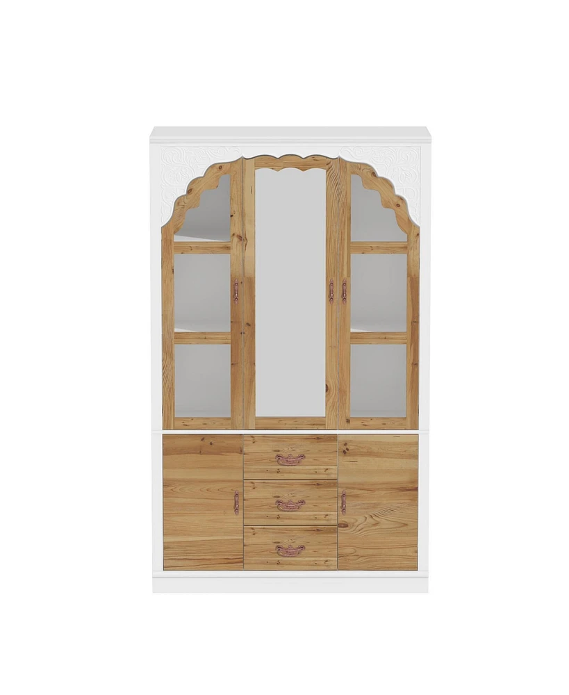 Famapy White and Brown Paint Finish Wood 45.7 in. W Bedroom Armoire in Victorian Style, Mirrored Doors, Hanging Rods, Drawer