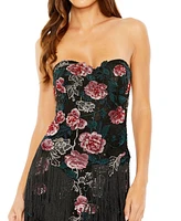 Mac Duggal Women's Strapless Floral Embroidered Midi Dress With Fringe Detailing