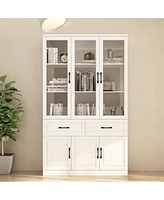 Famapy 8-Shelf White Wood Standard Bookcase with Shelves,Drawers
