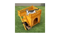 Slickblue 2-Story Wooden Feral Cat House & Dog House: Outdoor/Indoor Pet House with Stairs - Yellow