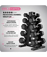 HolaHatha 5, 8, 10, 12 & 15 Pound Hexagonal Dumbbell Weight Set with Rack, Black