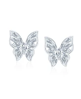 Bling Jewelry Marquise Baguette Cz Cubic Zirconia 3D Garden Fluttering Butterfly Stud Earrings .925 Sterling Silver