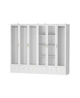 Famapy White Wood Big Armoires Wardrobe with Hanging Rods,Drawers,Glass Doors