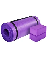 BalanceFrom Fitness 71"x24" Anti Tear Yoga Mat w/Strap, Knee Pad & Blocks,Purple