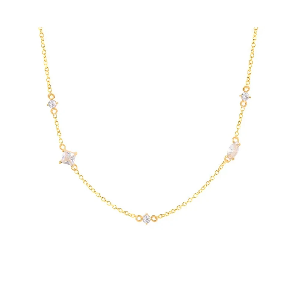 Hollywood Sensation 18K Gold Plated Sterling Silver Necklace with Oval, Round, and Princess Cut Cubic Zirconia