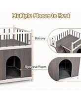 Slickblue 2-Story Wooden Feral Cat House – Dog House for Outdoor and Indoor Use, Pet House with Stairs, Grey & White