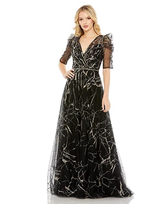 Mac Duggal Women's Embellished Gathered Puff Sleeve Faux Wrap Gown