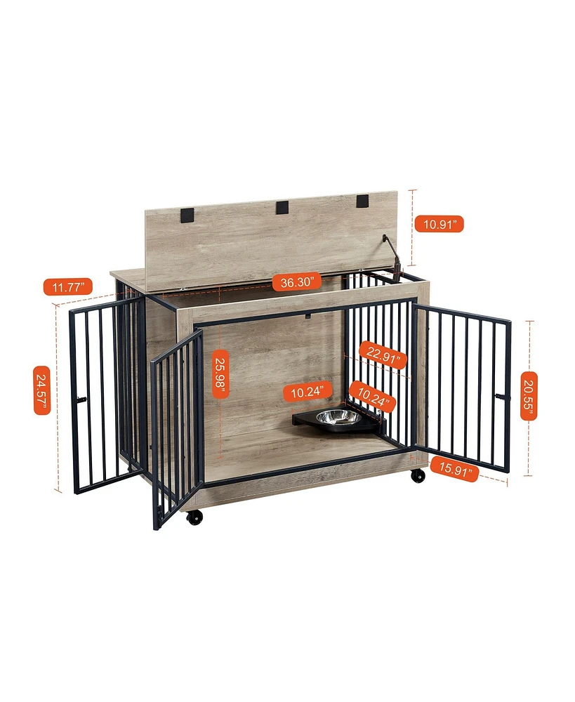 Slickblue Furniture Style Dog Crate Side Table with Rotatable Feeding Bowl – Stylish and Functional