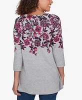 Ruby Rd. Petite Split Neck Floral Print Hatchi Knit Sharkbite Top with Bar Detail