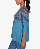 Ruby Rd. Petite Split Neck Floral Print Hatchi Knit Sharkbite Top with Bar Detail