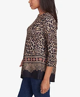 Ruby Rd. Petite Ballet Neck Animal Printed Hatchi Knit Top with Asymmetric Paisley Border Print Hem