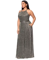 Betsy & Adam Plus Crinkled Metallic Halter Gown