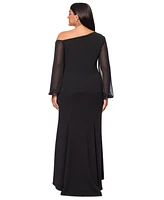 Betsy & Adam Plus Asymmetric Long-Sleeve Gown