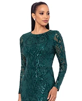 Betsy & Adam Plus Sequined Long-Sleeve Sheath Gown