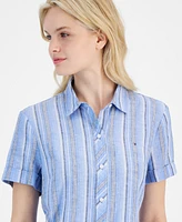 Tommy Hilfiger Women's Linen-Blend Striped Short-Sleeve Shirt