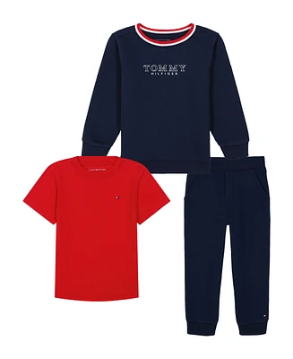 Tommy Hilfiger Toddler Boy Fleece Logo Sweatsuit short sleeve Tee and Jogger, 3-Piece Set