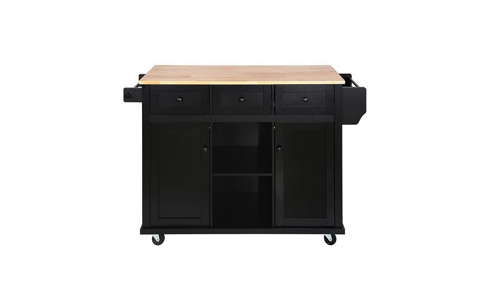 Slickblue Kitchen Cart with Rubber Wood Drop-Leaf Countertop Cabinet Door Internal Storage Racks, 5 Wheels, 3 Drawers