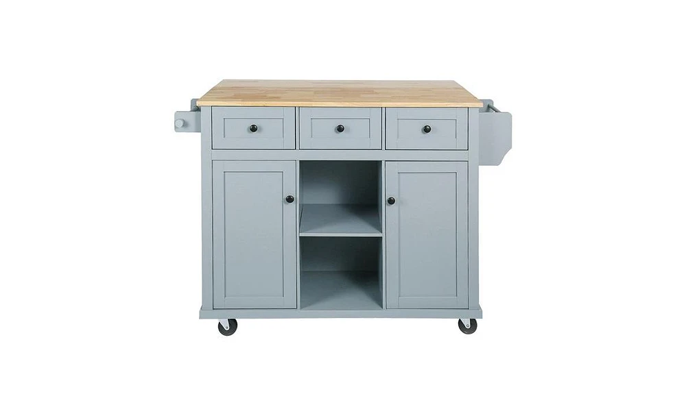 Slickblue Kitchen Cart with Rubber Wood Drop-Leaf Countertop Cabinet Door with Internal Storage Racks, 5 Wheels, 3 Drawers