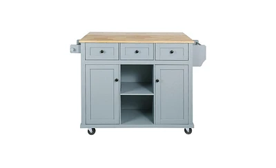 Slickblue Kitchen Cart with Rubber Wood Drop-Leaf Countertop Cabinet Door with Internal Storage Racks, 5 Wheels, 3 Drawers