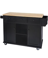 Slickblue Kitchen Cart with Rubber Wood Drop-Leaf Countertop Cabinet Door Internal Storage Racks, 5 Wheels, 3 Drawers