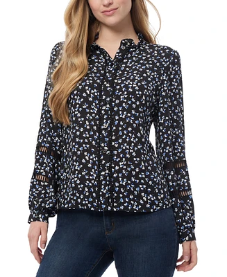 Jones New York Petite Floral Print Blouson-Sleeve Button-Front Blouse