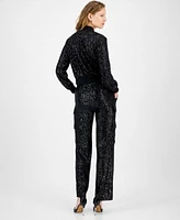 Anne Klein Womens Sequin Zip Front Bomber Jacket Sequin High Rise Cargo Pants