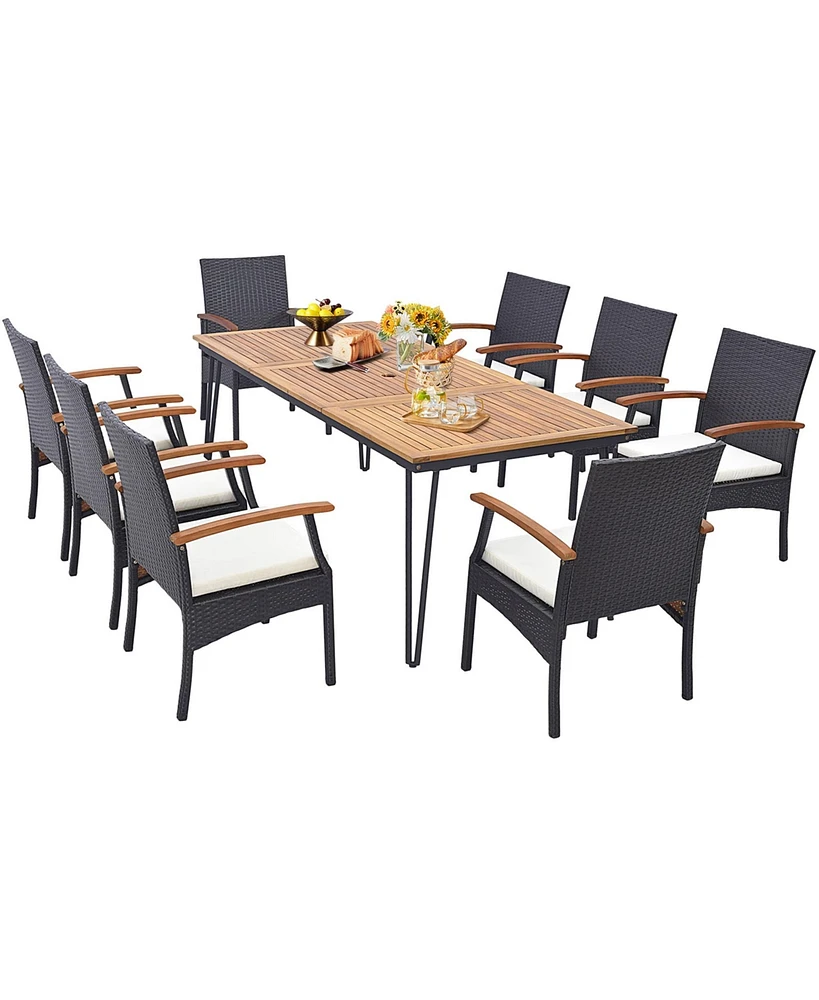 Costway 9 Pcs Patio Rattan Dining Set with Acacia Wood Table, Cushions