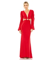 Mac Duggal Women's Jersey Puff Sleeve Cut Out Column Gown