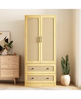 Famapy Wardrobe Freestanding Coat Storage Cabinet with 2-Tier Drawers and Hanging Bar