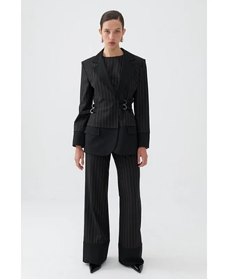 Nocturne Women's Striped Double Breasted Jacket with Belt Detail