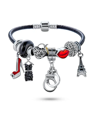 Bling Jewelry Hot Wife Partners in Crime Sexy S&M Shades Of Grey Crystal Beads Handcuff Themed Multi Charm Bracelet Black Leather For Women .925 Sterl