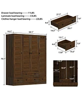 Homsee Brown Wood 4 Shutter Doors Armoires Wardrobe with Drawers, Hanging Rod