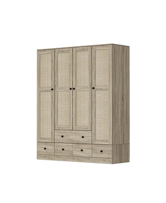 Homsee Brown Wood Grain Rattan Doors Design Armoires Wardrobe with 5-Drawers