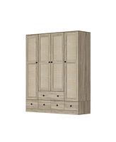 Homsee Brown Wood Grain Rattan Doors Design Armoires Wardrobe with 5-Drawers