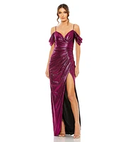 Mac Duggal Women's Off The Shoulder Cap Sleeve Faux Wrap Gown