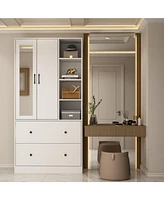 Famapy White Wood Armoires Wardrobe With Mirror, Pulling Hanging Rod, Drawers