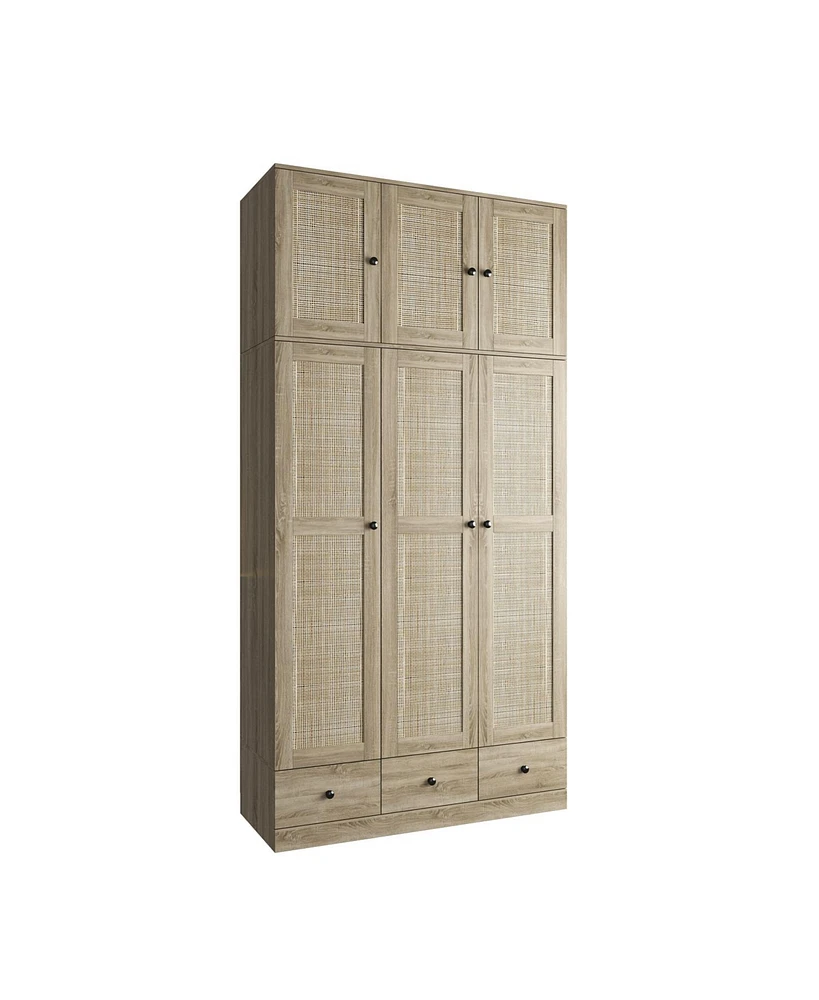 Famapy Brown Rattan Doors Wardrobe with 3-Drawers,Hanging Rod,Top Cabinet