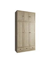 Famapy Brown Rattan Doors Wardrobe with 3-Drawers,Hanging Rod,Top Cabinet