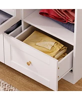 Famapy White Wood Armoires Wardrobe with Hanging Rods, 3-Drawers, Open Shelves
