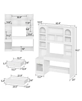 Famapy 13-Shelf Standard Bookcase with Writing Desk Table, Glass Door