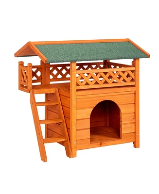 Slickblue 2-Story Wooden Feral Cat House – Outdoor/Indoor Kitty Shelter with Door, Stairs, and Weatherproof Roof, Orange & Green