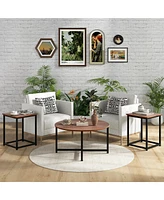 Gymax Round Nesting Table Set of 3 Modern/Farmhouse Coffee w/2 End Tables Walnut & Black