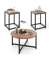 Gymax Round Nesting Table Set of 3 Modern/Farmhouse Coffee w/2 End Tables Walnut & Black