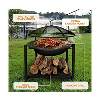 SereneLife Outdoor Steel Bbq Grill Fire Pit with Mesh Spark Screen