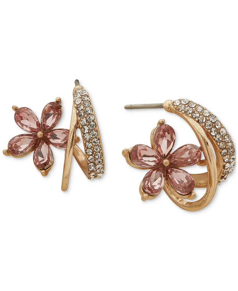 lonna & lilly Gold-Tone Small Pave & Stone Flower Hoop Earrings