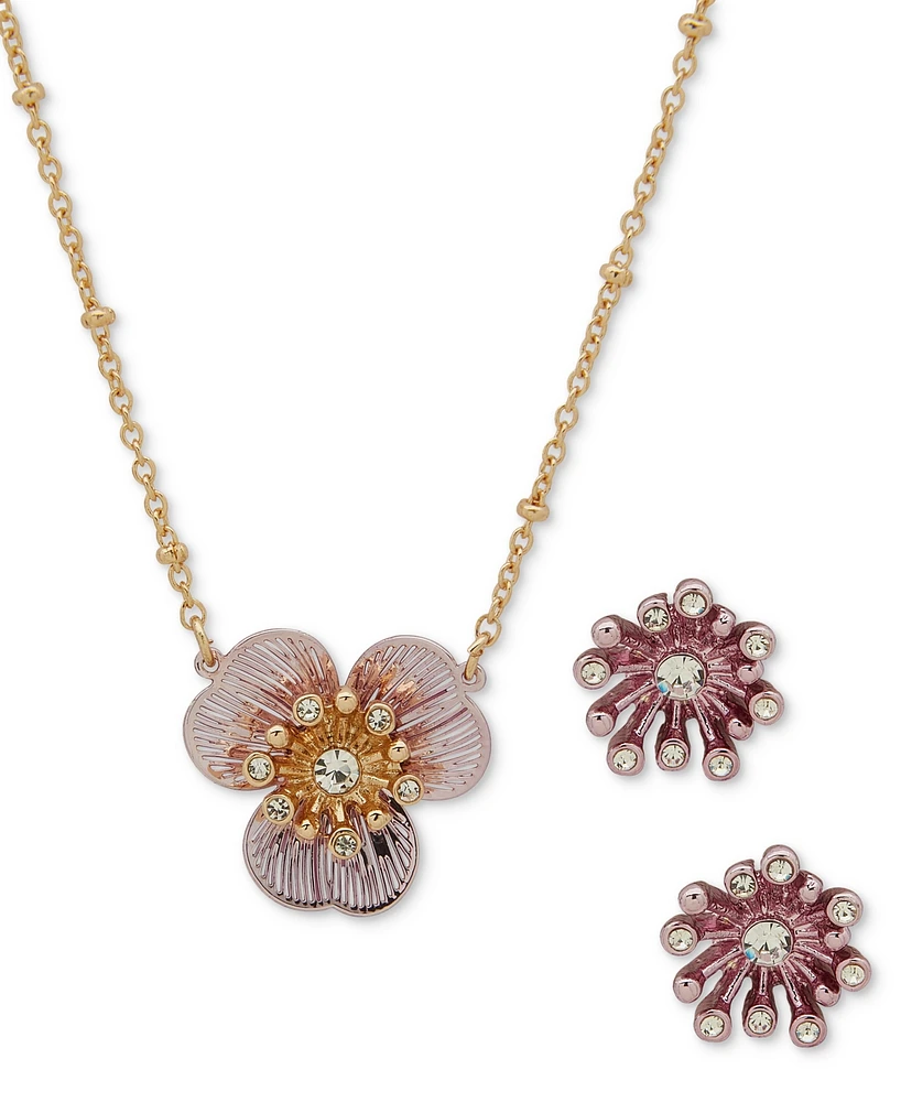 lonna & lilly Gold-Tone Crystal-Accented Color Flower Pendant Necklace & Stud Earrings Set