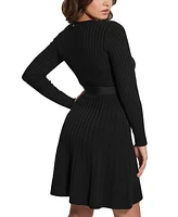 Guess Women's Logo-Belt Fit & Flare Paige Sweater Dress