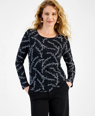 Style & Co Women's Printed Long Sleeve Scoop-Neck Top, Created for Macy's