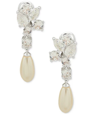 Anne Klein Silver-Tone Cubic Zirconia Cluster & Imitation Pearl Clip-On Drop Earrings