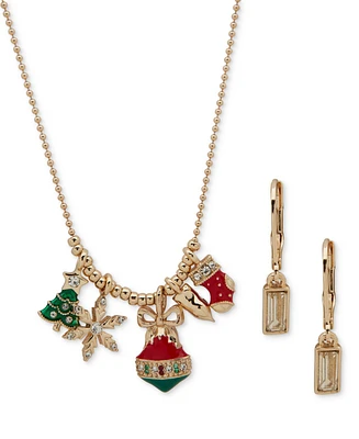 Anne Klein Gold-Tone Multicolor Crystal Holiday Charm Statement Necklace & Drop Earrings Set